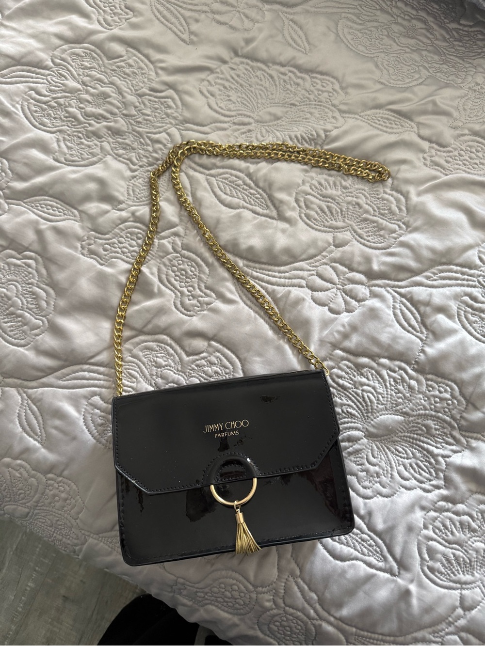 Jimmy Choo Black Patent Crossbody Bag with Gold Chain